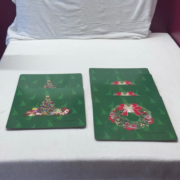 Set of 6 Christmas Tree & Wreath Cork Placemats Holiday Red & Green Dinner Mats - Picture 11 of 11